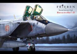  2girls absurdres aircraft airplane cockpit fern_(sousou_no_frieren) fighter_jet firefighter frieren green_eyes helmet highres looking_at_viewer mecha_pilot_suit mig-31 mig-31_firefox military_vehicle multiple_girls open_cockpit outdoors pilot pilot_helmet purple_hair russian_text sky snow sousou_no_frieren tiewan tree violet_eyes 