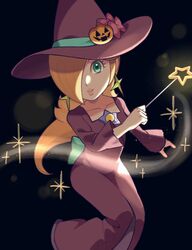  1girl absurdres aqua_eyes black_background blonde_hair bow brooch closed_mouth collarbone dress earrings hair_over_one_eye hat hat_bow highres holding holding_wand jack-o&#039;-lantern_hat_ornament jewelry long_hair long_sleeves looking_at_viewer mario_kart mario_kart_tour official_alternate_costume purple_dress purple_headwear rosalina rosalina_(halloween) sasaki_sakiko smile solo star_(symbol) star_brooch star_earrings super_mario_bros. wand witch witch_hat 