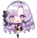  1girl black_footwear black_gloves blush chibi drill_hair gloves headband highres hyakumantenbara_salome idol_clothes long_hair nijisanji open_mouth purple_hair simple_background smile solo standing standing_on_one_leg tanaka_yutti violet_eyes virtual_youtuber white_background 