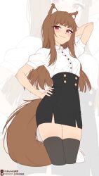  1girl animal_ear_fluff animal_ears arm_behind_head black_skirt black_thighhighs blush breasts brown_hair closed_mouth collared_shirt commentary dress_shirt english_commentary hand_on_own_hip high-waist_skirt highres holo likunea looking_at_viewer medium_breasts patreon_logo patreon_username puffy_short_sleeves puffy_sleeves red_eyes shirt shirt_tucked_in short_sleeves skirt spice_and_wolf tail thigh-highs twitter_username twitter_x_logo white_shirt wolf_ears wolf_girl wolf_tail zoom_layer 