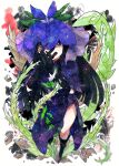  1girl bamboo_shoot black_gloves black_hair china_dress chinese_clothes dress flower flower_on_head gloves itomugi-kun long_hair open_mouth plant purple_dress purple_flower short_sleeves smile solo touhou vine_print vines violet_eyes yomotsu_hisami 