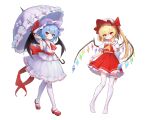  2girls absurdres arm_up ascot back_bow bat_wings blonde_hair blue_hair bow buttons cho_kagaku_no_rei_kyoju closed_mouth collared_shirt crystal flandre_scarlet frilled_shirt_collar frilled_skirt frilled_sleeves frilled_umbrella frills hat hat_bow hat_ribbon head_tilt highres holding holding_umbrella large_bow long_hair looking_at_viewer mary_janes mob_cap multicolored_wings multiple_girls no_shoes one_side_up puffy_short_sleeves puffy_sleeves purple_umbrella red_ascot red_bow red_eyes red_footwear red_ribbon red_skirt red_vest remilia_scarlet ribbon shirt shoes short_sleeves siblings simple_background sisters skirt skirt_set sleeve_ribbon thigh-highs touhou umbrella vest white_background white_bow white_headwear white_shirt white_skirt white_thighhighs wings wrist_cuffs yellow_ascot 