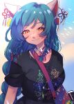  1girl :3 absurdres animal_ears bag braid breasts cat_ears cat_girl closed_mouth collarbone green_hair handbag highres indie_virtual_youtuber kokomi_(aniesuakkaman) long_hair looking_at_viewer medium_breasts omocat_(character) red_eyes single_braid slit_pupils solo virtual_youtuber 