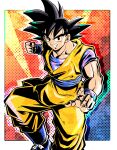  1boy absurdres black_hair clenched_hand commentary commentary_request dougi dragon_ball dragon_ball_daima grin highres muscular muscular_male pectorals smile solo son_goku teeth ushi_(akabec0) 