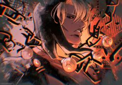  1boy black_hood black_sclera broken broken_chain chain colored_sclera english_commentary grey_hair highres hood hood_up jojo_no_kimyou_na_bouken kujaarts male_focus parted_lips profile red_eyes risotto_nero short_hair solo teeth upper_body vento_aureo 
