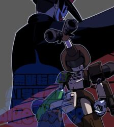  arm_cannon black_cape black_hat bluemiso99 brown_armor brown_helmet cape grey_background hat helmet humanoid_robot mask medarot metabee robot simple_background watermark weapon 