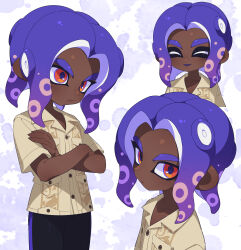  1boy absurdres breast_pocket brown_shirt closed_eyes closed_mouth collared_shirt colored_tongue crossed_arms dark-skinned_male dark_skin dress_shirt fingernails highres looking_at_viewer male_focus medium_hair multicolored_eyes multiple_views octoling octoling_boy octoling_player_character open_mouth parted_bangs pocket purple_hair purple_pupils purple_tongue red_eyes sharp_fingernails shirt short_sleeves smile splatoon_(series) splatoon_3 surume01417 tentacle_hair thick_eyebrows two-tone_eyes violet_eyes 
