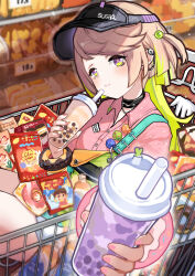  1girl black_choker black_visor blush chinese_commentary choker coco_(zenless_zone_zero) colored_inner_hair cup donut_bracelet drink_pouch employee_uniform hat highres holding holding_cup in_shopping_cart incoming_drink kkkula_(kula) looking_at_viewer multicolored_eyes multicolored_hair outdoors pink_nails pink_shirt polka_dot polka_dot_shirt reaching reaching_towards_viewer shirt shopping_cart short_sidetail sitting smile two-tone_eyes visor_cap zenless_zone_zero 