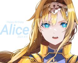  1girl 2021 alice_zuberg blonde_hair blue_eyes blue_shirt braid braided_ponytail character_name dated english_commentary english_text etain_(e_t_a_i_n) gold_trim hair_intakes happy_birthday headband high_collar highres lips long_bangs long_hair looking_at_viewer open_mouth portrait shirt solo sword_art_online sword_art_online:_alicization teeth upper_teeth_only white_headband 
