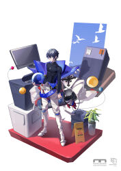  1boy absurdres closed_mouth covered_pectorals daziran_de_duqiyan full_body girls&#039;_frontline_neural_cloud girls_frontline gloves green_eyes highres jewelry long_sleeves looking_at_viewer male_focus monitor necklace pants pectorals short_hair simple_background sueyoi_(neural_cloud) white_background white_pants 