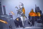  1girl 3others ahoge ankle_socks battlefield_(series) battlefield_4 blue_theme bolt_action cheytac_m200 cross dinergate_(girls&#039;_frontline) dutch_angle english_commentary girls_frontline gun hair_between_eyes handgun highres holding holding_weapon jacket lens_flare long_sleeves looking_at_viewer m200_(girls&#039;_frontline) manticore_(girls&#039;_frontline) medium_hair monochrome multiple_others necktie nemeum_(girls&#039;_frontline) open_mouth player193 pleated_skirt rain rifle running scope shirt shoes skirt sniper_rifle socks trigger_discipline weapon 
