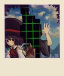  2others androgynous black_eyes black_hair blue_sky brown_neckerchief closed_mouth collared_shirt day detached_sleeves enraku_tsubakura expressionless gzpxllztt highres houlen_yabusame len&#039;en multiple_others neck_ribbon neckerchief other_focus outdoors polaroid red_ribbon ribbon shirt sky waving white_shirt white_sleeves wide_sleeves 