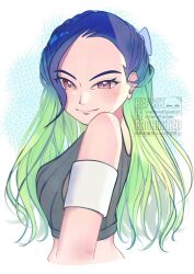  1girl bare_shoulders blue_hair blush breasts brown_eyes closed_mouth crop_top gradient_hair grey_shirt grey_sports_bra long_hair looking_at_viewer loose_hair_strand midriff multicolored_hair perrin_(pokemon) pokemon pokemon_sv ribbed_shirt shirt sleeveless sleeveless_shirt smile sports_bra star_dr0p undershirt upper_body 