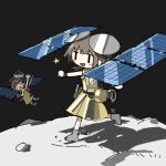  2girls :d asteroid belt black_background blush_stickers brown_hair crying dress full_body grey_footwear halo hayabusa_(spacecraft) hayabusa_2_(spacecraft) headgear highres medium_hair multiple_girls original personification running satellite_dish sleeveless sleeveless_dress smile solar_panel space star_(symbol) streaming_tears tears tsukumizu_yuu yellow_dress 