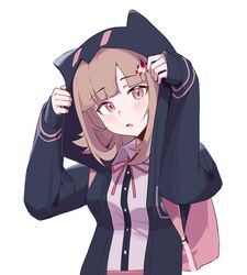  1girl :o alternate_breast_size backpack bag black_jacket black_shirt blush breasts brown_hair danganronpa_(series) danganronpa_2:_goodbye_despair dress_shirt galaga grey_shirt hair_ornament hands_up highres hood hooded_jacket jacket kuangbao_qie_ren medium_breasts medium_hair nanami_chiaki neck_ribbon open_clothes open_jacket pink_bag pink_eyes pink_ribbon ribbon shirt simple_background solo upper_body white_background 