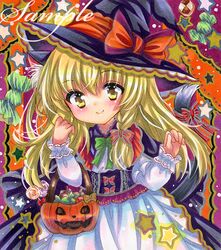  1girl adapted_costume animal_ear_fluff animal_ears basket black_cape black_headwear blonde_hair blush braid candy cape cat_ears cat_tail closed_mouth dress food green_ribbon hair_ribbon halloween hands_up hat hat_ribbon holding holding_basket jack-o&#039;-lantern kemonomimi_mode kirisame_marisa long_hair long_sleeves looking_at_viewer marker_(medium) neck_ribbon orange_ribbon ribbon rui_(sugar3) sample_watermark side_braid single_braid smile solo standing star_(symbol) tail tail_ornament tail_ribbon touhou traditional_media upper_body watermark white_dress witch witch_hat yellow_eyes 