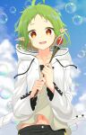  1girl ahoge blue_sky blurry blurry_background blush casual clouds collarbone commentary day depth_of_field elf floating_clothes green_hair hands_up happy highres holding holding_staff hood hooded_jacket jacket long_sleeves looking_at_viewer mochimugi_rice mushoku_tensei navel open_clothes open_jacket open_mouth orange_hair outdoors pointy_ears short_hair sky smile soap_bubbles solo spiky_hair staff straight-on sylphiette_(mushoku_tensei) tareme teeth upper_body upper_teeth_only white_jacket wide_sleeves 