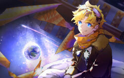  1boy absurdres aviator_goggles blonde_hair blue_eyes bright_pupils daziran_de_duqiyan earth_(planet) fate/grand_order fate_(series) fur-trimmed_jacket fur_trim highres jacket male_focus moon on_mini_planet orange_scarf planet scarf sitting solo voyager_(fate) white_pupils 