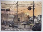  bridge building car clouds cloudy_sky day motor_vehicle no_humans original painting_(medium) power_lines road road_sign sign sky street sunlight tlctm7h8wdwnthx traditional_media traffic_light utility_pole watercolor_(medium) 