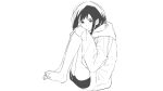  1girl absurdres amou_akane bare_legs commentary_request greyscale hai_wei highres hood hoodie hugging_own_legs long_hair looking_down monochrome oversized_clothes parted_lips r15+_ja_dame_desu_ka? short_shorts shorts sitting sleeves_past_fingers sleeves_past_wrists solo toenails white_background 