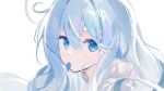  1girl asphyxia17 blue_eyes blue_hair hair_between_eyes highres long_hair looking_at_viewer mouth_hold original simple_background solo white_background 