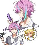  2boys absurdres blonde_hair closed_mouth drying hair_dryer highres hoshi-toge kamishiro_rui looking_at_viewer multicolored_hair multiple_boys open_mouth project_sekai purple_hair shirt short_sleeves simple_background smile streaked_hair tenma_tsukasa thought_bubble towel towel_around_neck wet wet_hair white_background white_shirt yellow_eyes 