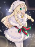  1girl alternate_costume bell black_background blonde_hair blunt_bangs bow braid dress emapippi gloves green_eyes hat highres jingle_bell leggings lillie_(pokemon) long_hair pokemon pokemon_(game) pokemon_sm santa_costume santa_hat snowing twin_braids waist_bow white_dress white_gloves white_headwear white_leggings 