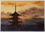  architecture building clouds cloudy_sky day east_asian_architecture highres orange_sky original pagoda painting_(medium) sky sunlight sunset tlctm7h8wdwnthx traditional_media watercolor_(medium) 