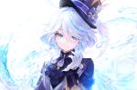  1girl adelie_cat ahoge ascot black_ascot black_shirt blue_bow blue_eyes blue_gemstone blue_hair blue_headwear blue_jacket bow closed_mouth collared_jacket eyelashes furina_(genshin_impact) gem genshin_impact gloves gold_trim hair_between_eyes hand_up hat hat_bow heterochromia highres jacket long_hair long_sleeves looking_at_viewer mismatched_pupils multicolored_hair ponytail purple_gemstone shirt simple_background smile solo top_hat two-tone_hair upper_body vest water white_background white_gloves white_hair white_vest 
