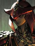  1boy armor artist_name bellhenge chin closed_mouth collar english_commentary fish_boy frown green_background grey_collar helmet high_collar male_focus one_eye_covered rain red_eyes red_headwear shoulder_pads sidon solo the_legend_of_zelda the_legend_of_zelda:_breath_of_the_wild upper_body 
