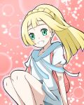  1girl blonde_hair blunt_bangs blush circle emapippi eyelashes green_eyes highres knees_up lillie_(pokemon) long_hair pink_background pink_bag pleated_skirt pokemon pokemon_(game) pokemon_sm ponytail shirt sitting skirt smile white_shirt white_skirt 