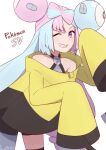  1girl ;d bare_shoulders blue_hair bow-shaped_hair character_hair_ornament hair_ornament hinoyama_kou iono_(pokemon) jacket long_hair long_sleeves looking_at_viewer multicolored_hair one_eye_closed pink_eyes pink_hair pokemon pokemon_(game) pokemon_sv sharp_teeth single_leg_pantyhose sleeves_past_fingers sleeves_past_wrists smile solo teeth twintails two-tone_hair very_long_hair white_background yellow_jacket 