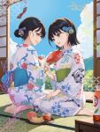  2girls absurdres black_hair blue_eyes blue_sky citron_82 clouds floral_print flower hair_bun hair_flower hair_ornament hand_fan highres japanese_clothes kimono kneeling medium_hair multiple_girls obi original sash sky smile tatami wind_chime yukata 