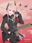  absurdres aircraft airplane black_jacket fighter_jet flyintheskyl girls_frontline gun highres holding holding_gun holding_weapon jacket jet long_sleeves m4_sopmod_ii_(girls&#039;_frontline) military_vehicle pink_background pink_eyes weapon zipper_pull_tab 