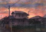  building chain-link_fence clouds cloudy_sky day fence highres house morning no_humans orange_sky original painting_(medium) power_lines road sky street sunrise tlctm7h8wdwnthx traditional_media tree utility_pole 