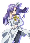  1girl asakura_rikako black-framed_eyewear black_pants buttons coat collared_shirt feet_out_of_frame glasses gyouza_(mhea5724) hairband highres lab_coat long_hair long_sleeves pants purple_hair purple_shirt shirt simple_background solo touhou touhou_(pc-98) violet_eyes white_background white_coat white_hairband 