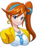  1girl ace_attorney athena_cykes blue_eyes blue_necktie blue_ribbon closed_mouth collared_shirt crescent crescent_earrings earrings hair_ribbon highres jacket jewelry long_hair looking_at_viewer necklace necktie open_clothes open_jacket orange_hair ribbon shirt side_ponytail smile solo thedarkestuno upper_body white_background white_shirt yellow_jacket 
