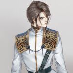  1boy belt belt_buckle blue_eyes brown_hair buckle chain final_fantasy final_fantasy_viii grey_background high_collar long_sleeves male_focus military_uniform nini_tw99 scar scar_on_face scar_on_forehead seed_uniform_(ff8) shirt short_hair simple_background solo squall_leonhart uniform white_shirt 