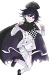  1boy absurdres black_cape black_footwear black_hair black_headwear buttons cape checkered_clothes checkered_scarf danganronpa_(series) danganronpa_v3:_killing_harmony double-breasted flipped_hair fuyu_ko grin hair_between_eyes hands_up highres jacket long_sleeves oma_kokichi pants purple_cape purple_footwear scarf shoes simple_background smile solo teeth torn_cape torn_clothes white_background white_jacket white_pants 