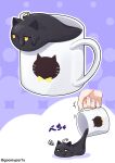  1other absurdres ahoge animal_ears colored_shadow commentary_request cup fingernails goom_(goomyparty) halftone halftone_background highres holding holding_cup jitome manhattan_cafe_(umamusume) mug pouring purple_background shadow squiggle twitter_username umamusume yellow_eyes 