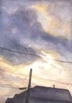  building clouds cloudy_sky day highres no_humans original painting_(medium) power_lines scenery sky tlctm7h8wdwnthx traditional_media utility_pole watercolor_(medium) 