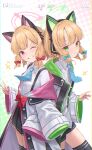  2girls ;d absurdres animal_ear_headphones animal_ears aqua_necktie arm_hug black_skirt black_thighhighs blonde_hair blue_archive blush bow cat_ears fake_animal_ears green_eyes grin hair_bow halo headphones highres jacket jacket_partially_removed light_smile logo looking_at_viewer mansu_(user_pnmp4287) midori_(blue_archive) momoi_(blue_archive) multiple_girls necktie one_eye_closed red_eyes school_uniform shirt siblings sisters skirt smile sparkle thigh-highs twins two-sided_fabric two-sided_jacket v white_shirt zettai_ryouiki 