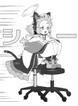  1girl animal_ear_headphones animal_ears blue_archive blush cat_tail chair fake_animal_ears greyscale halo headphones highres jacket long_sleeves momoi_(blue_archive) monochrome open_mouth pretty_mundane short_hair simple_background solo speed_lines tail thigh-highs two-sided_fabric two-sided_jacket white_background wide_sleeves 