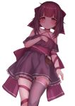  1girl arm_ribbon bare_shoulders blush chocolate choker commentary dress english_commentary fallenshadow flat_chest food-themed_ornament highres indie_virtual_youtuber john_zhang leg_ribbon looking_at_viewer off-shoulder_dress off_shoulder pink_eyes pout purple_dress purple_hair ribbon short_hair simple_background single_thighhigh single_wrist_cuff solo thigh-highs virtual_youtuber white_background wrist_cuffs wrist_ribbon 