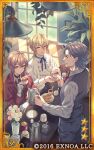  3boys ascot black_pants black_vest blonde_hair blue_ribbon box brooch brown_vest bungou_to_alchemist card_(medium) center_frills closed_mouth conan_doyle_(bungou_to_alchemist) copyright counter cowboy_shot creamer_(vessel) cup dethmath flower frills giving gloves grey_hair grey_shirt hair_between_eyes hanging_light holding holding_cup holding_saucer holding_teapot indoors izumi_kyouka_(bungou_to_alchemist) jacket jam jewelry lapels long_sleeves looking_at_another lowres male_focus medium_hair miki_rofuu_(bungou_to_alchemist) multiple_boys neck_ribbon notched_lapels official_art pants parted_bangs parted_lips picture_(object) pink_flower pink_rose plant plate profile puffy_long_sleeves puffy_sleeves ramekin red_ascot red_eyes red_jacket red_ribbon ribbon rose saucer scone shirt short_hair short_hair_with_long_locks sitting smile standing steam sunlight tea teacup teapot upper_body vase vest violet_eyes whipped_cream white_flower white_gloves white_rose white_shirt window wooden_floor 