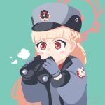  1girl :o binoculars blonde_hair blue_archive blunt_bangs blush_stickers dated gloves grey_gloves grey_headwear grey_jacket halo highres jacket johnlim long_hair nodoka_(blue_archive) solo v-shaped_eyebrows 