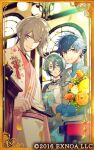 3boys :o ahoge aqua_robe ascot blue_eyes blue_hair blue_shirt brooch brown_hair bungou_to_alchemist card_(medium) chandelier changpao chinese_clothes clenched_hand collared_shirt copyright cowboy_shot double-parted_bangs floral_print flower folded_fan folding_fan glasses gloves gradient_clothes gradient_jacket green_hair hair_between_eyes hanamura_mai hand_fan hands_in_opposite_sleeves haori holding holding_fan incense_burner indoors izumi_kyouka_(bungou_to_alchemist) jacket japanese_clothes jewelry kimono lowres male_focus multiple_boys nakajima_atsushi_(bungou_to_alchemist) official_art orange_flower parted_lips patterned_clothing pink_kimono pink_sash red_eyes robe round_eyewear sash satomi_ton_(bungou_to_alchemist) shirt short_hair_with_long_locks smile spiky_hair striped_ascot table tassel two-tone_kimono vase vest white_ascot white_flower white_gloves white_jacket white_kimono white_robe white_vest window yellow_eyes yellow_flower 