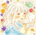  1girl arched_bangs artist_name blush cup flower holding holding_cup long_hair oniheya_53 open_mouth original painting_(medium) red_eyes solo teeth traditional_media upper_body upper_teeth_only watercolor_(medium) wavy_hair white_hair 
