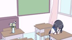  1girl black_hair blue_neckerchief blue_sailor_collar blue_skirt chair chibikki classroom commentary crying curtains desk english_commentary flower highres implied_suicide indoors long_hair neckerchief on_chair original sailor_collar school_chair school_desk school_uniform self-harm_scar serafuku short_sleeves sitting skirt solo vase white_serafuku window 