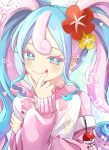  1girl bull_sprite_(pokemon) cardigan colored_eyelashes earrings fairy_miku_(project_voltage) fish_sprite_(pokemon) flower hair_flower hair_ornament hatsune_miku highres jewelry long_hair looking_at_viewer multicolored_hair naguno-0713 nail_polish pink_cardigan pink_nails poke_ball pokemon project_voltage smile twintails two-tone_hair very_long_hair vocaloid 
